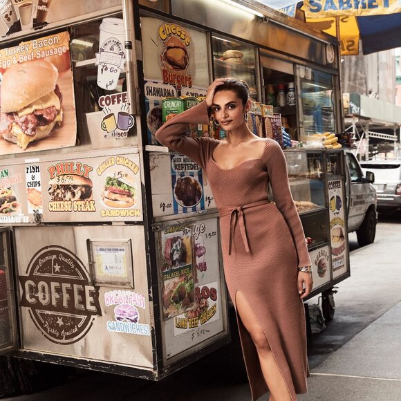 (NWT) Dynamite - brown ribbed knit bardot midi sweater dress (large) - Picture 5 of 5